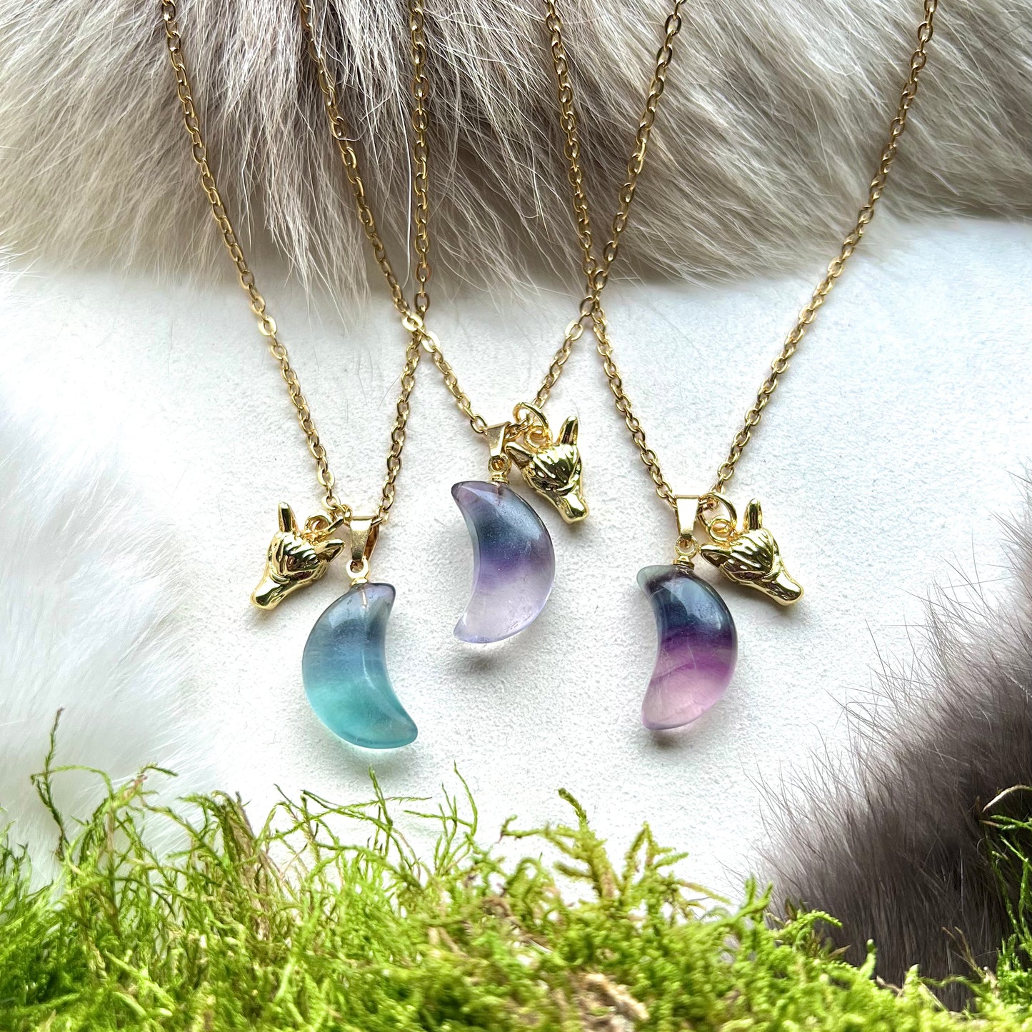 Necklace with rainbow fluorite moon and 18K gold plated wolf