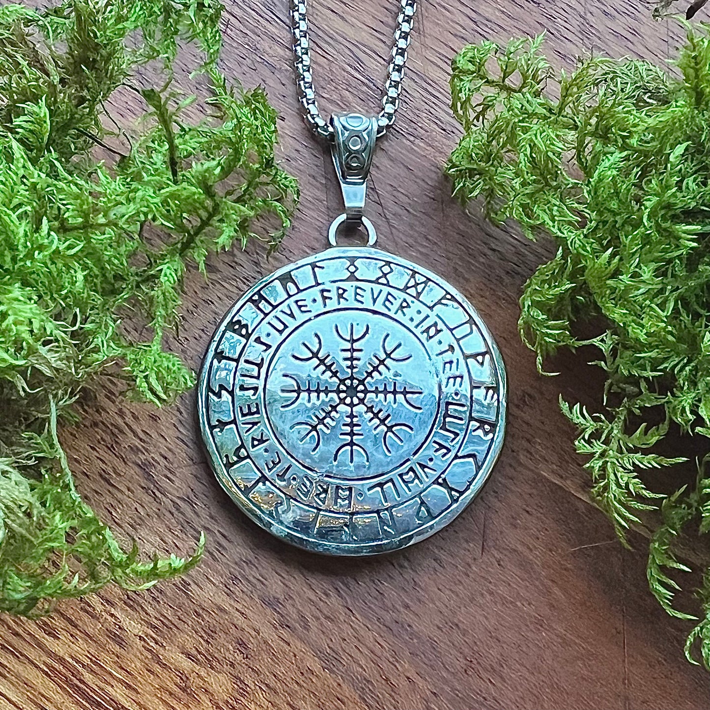 Necklace with Fenris Wolf and Aegishjalmur in stainless steel
