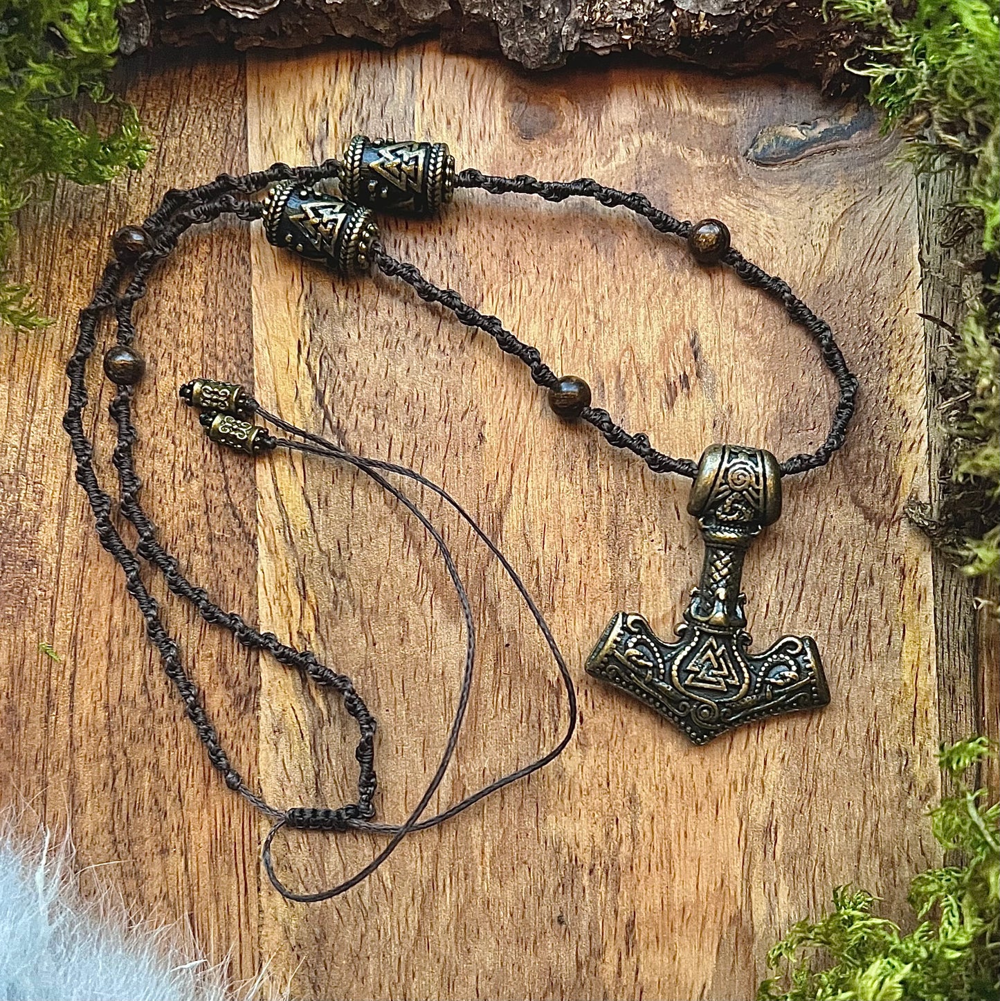 Hand-knotted necklace with Thor's hammer and Valknut in bronze-colored steel