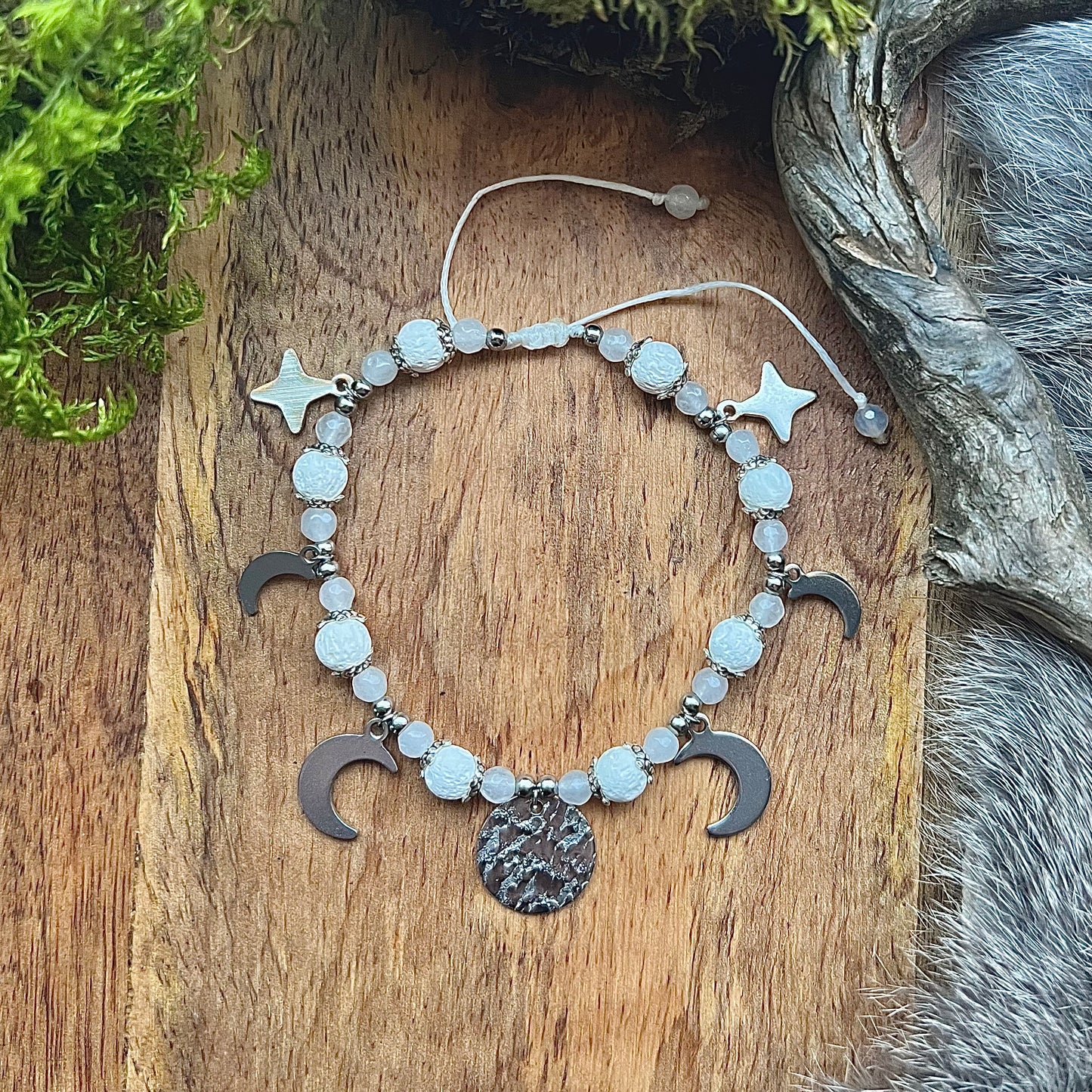 Frosted jade and lava stone bracelet with moon charms