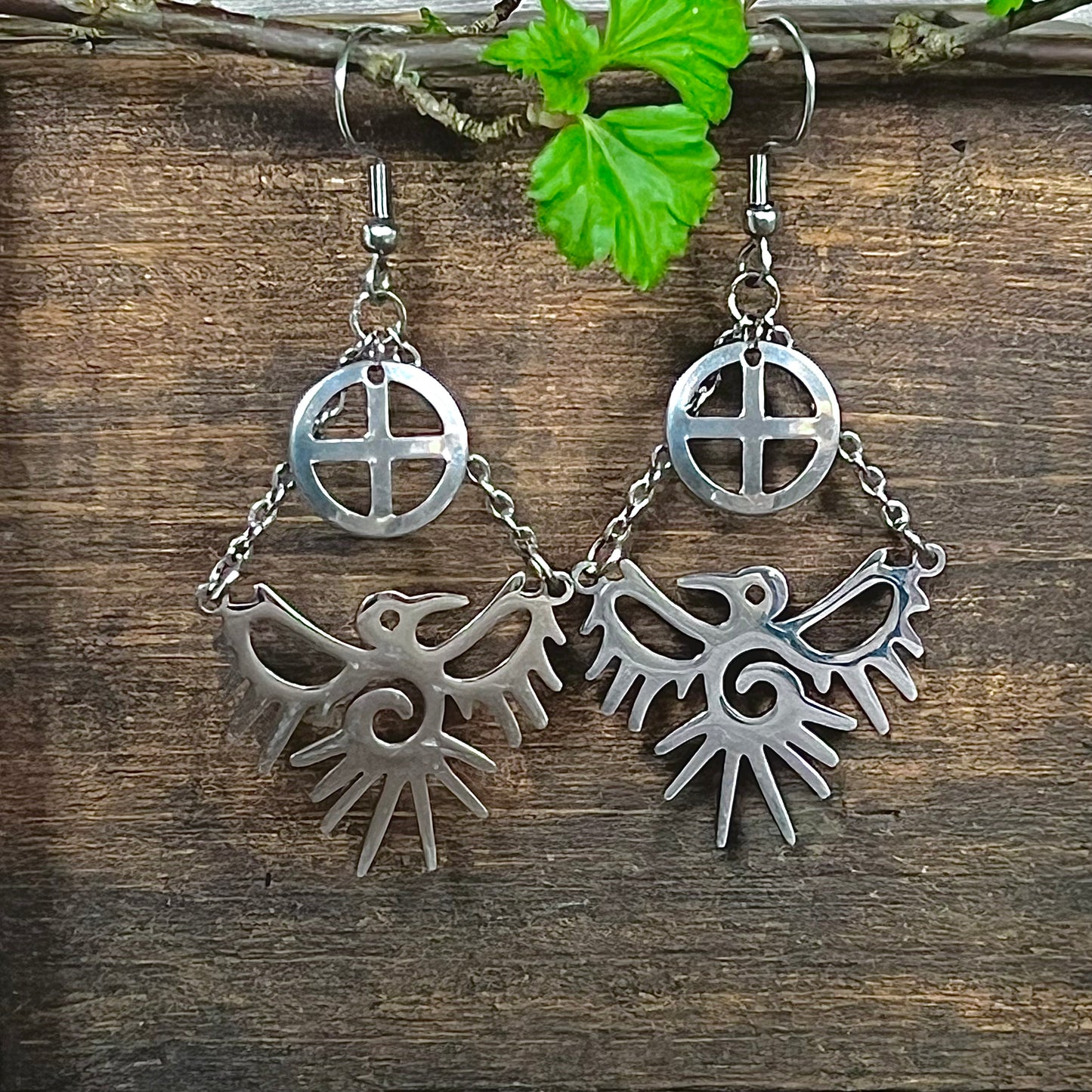 Stainless steel earrings with ravens and solar cross