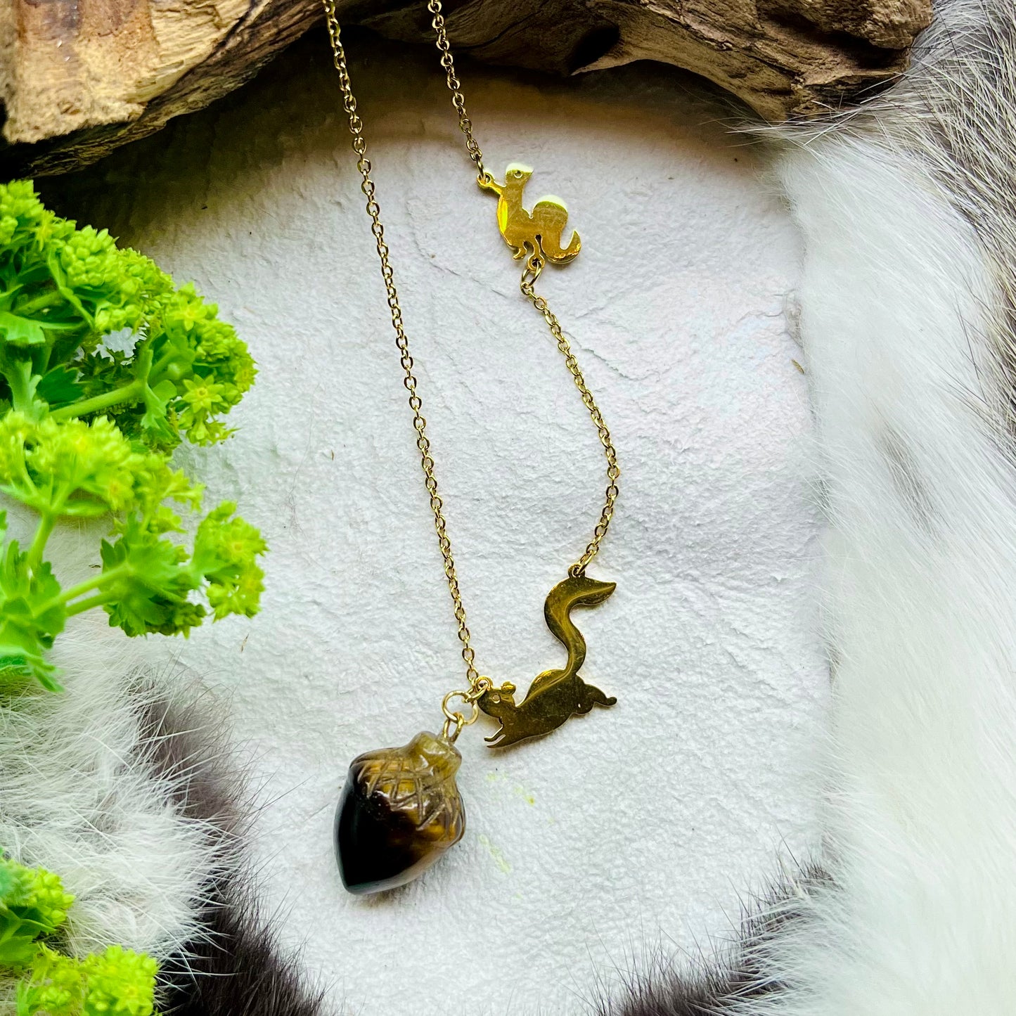 Necklace - Tiger's eye squirrels and acorns, gold colored