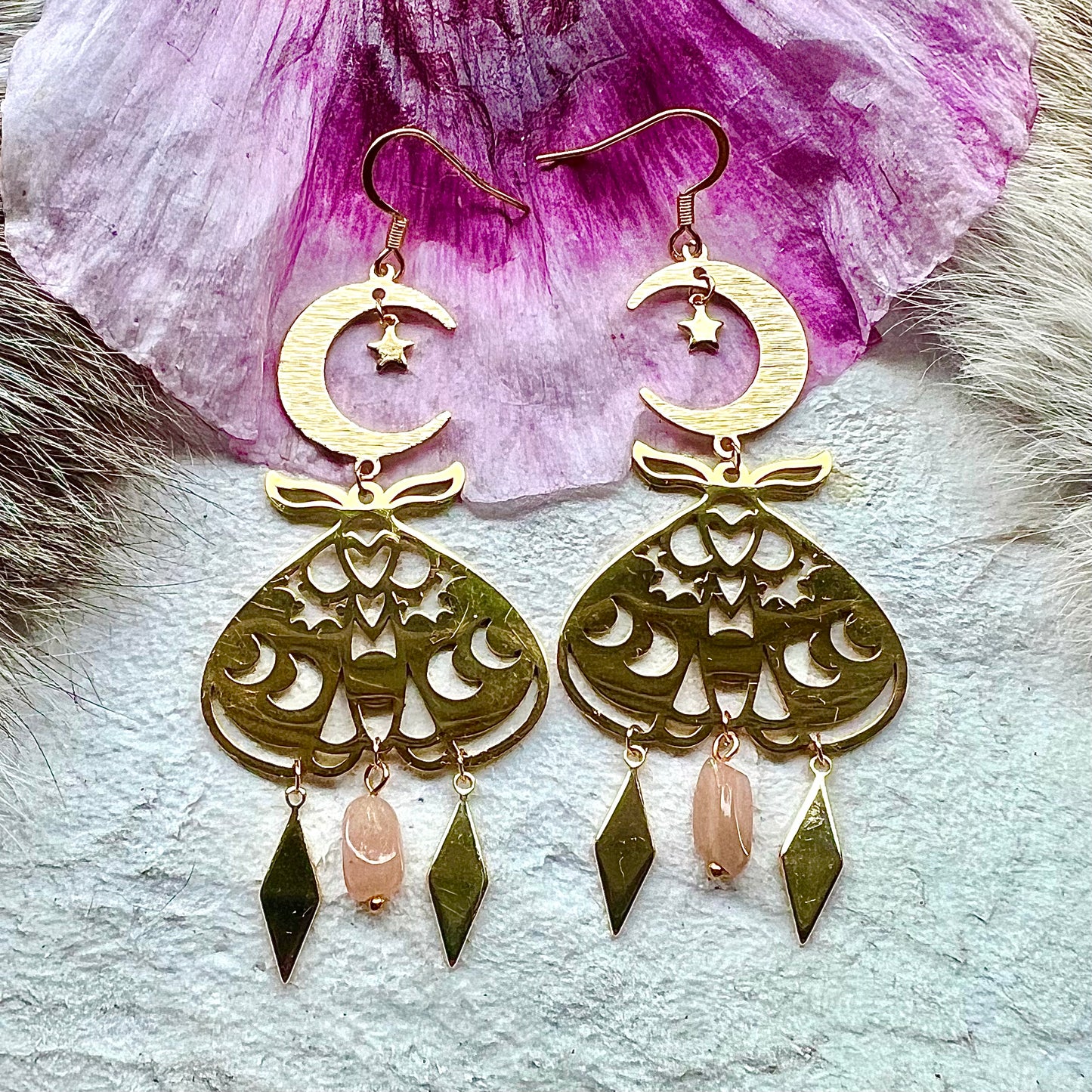 Earrings - Gold-plated moth with crescent moon and sunstone