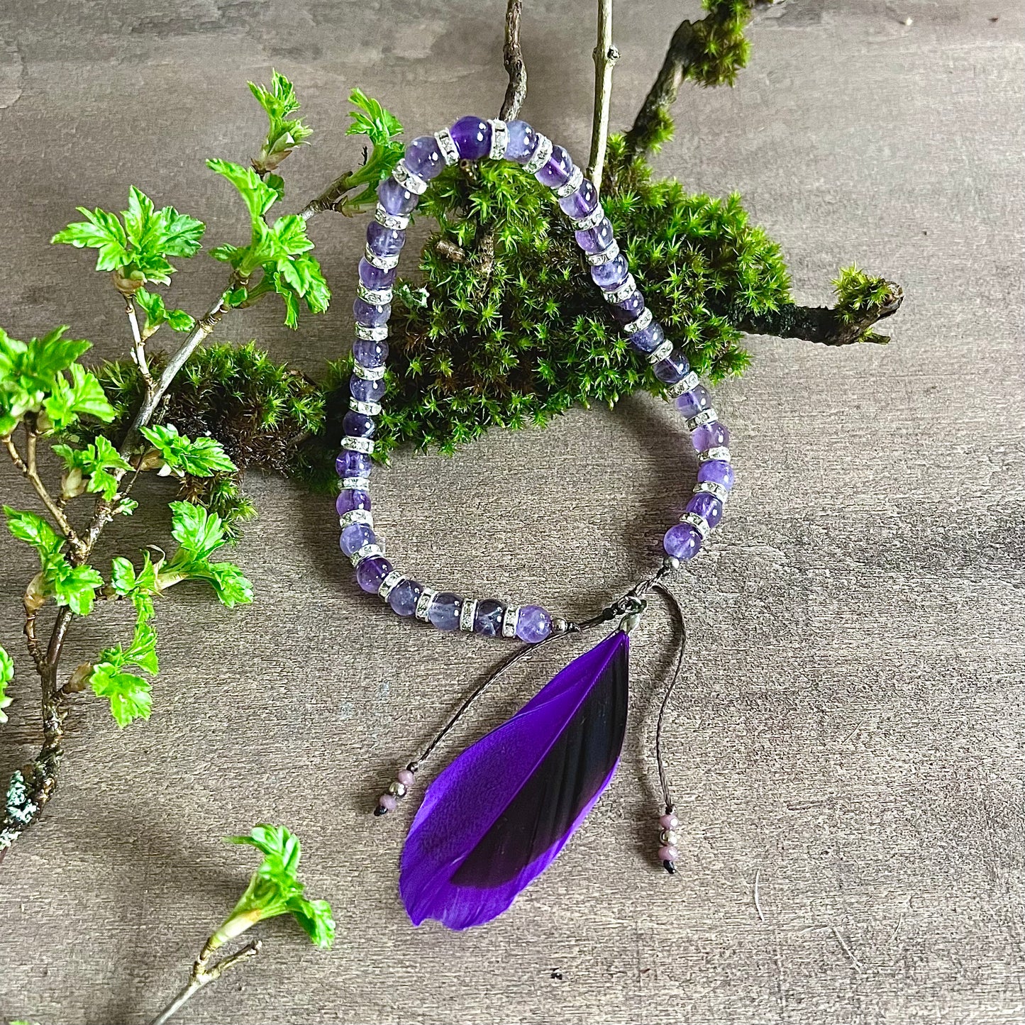 Anklet with amethyst and feather