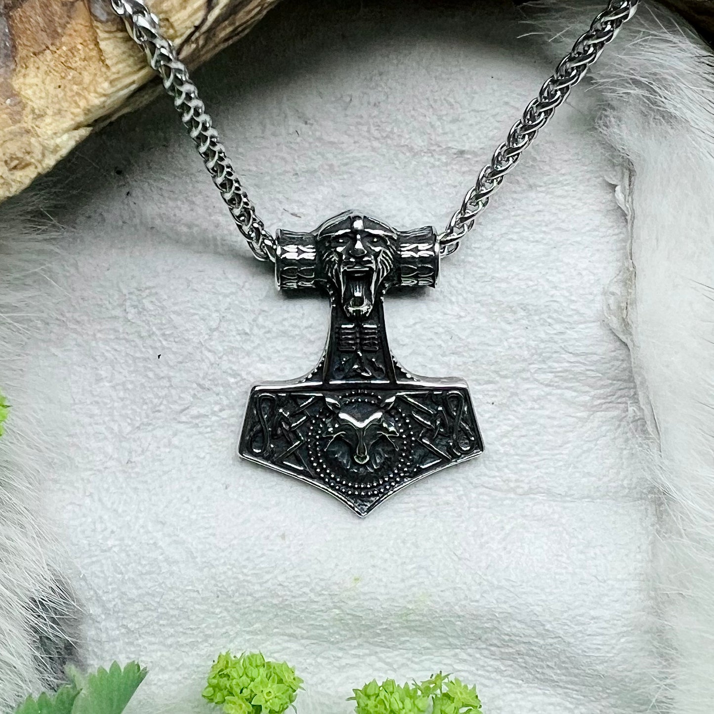 Necklace - Thor’s hammer with viking and wolf