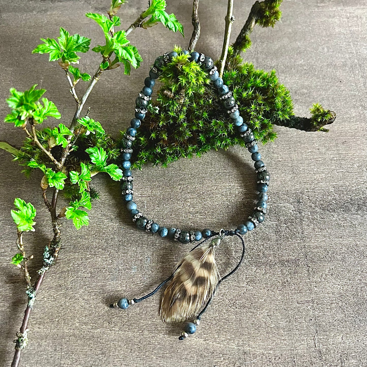 Anklet with labradorite, hematite and feathers