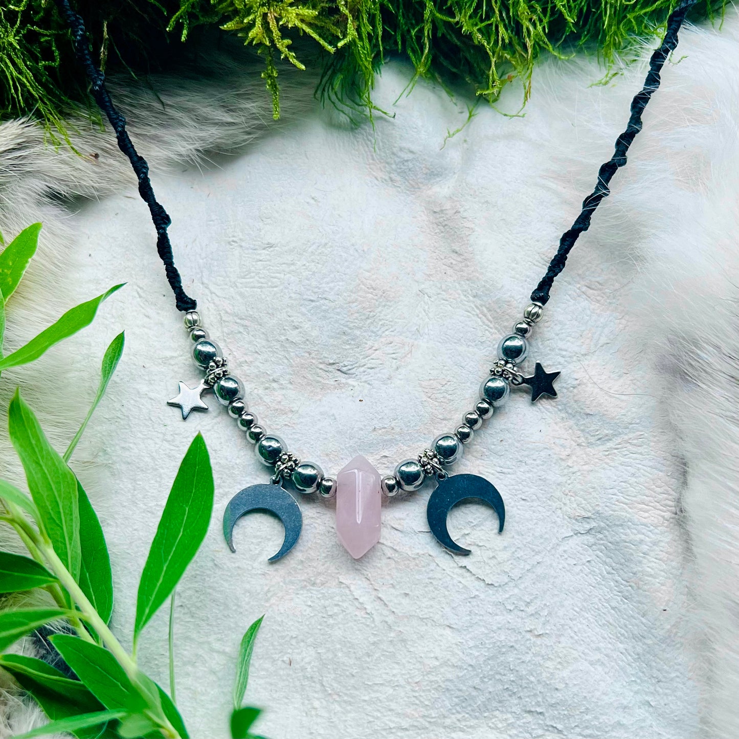 Necklace - Rose Quartz point with Moon and Stars, Black