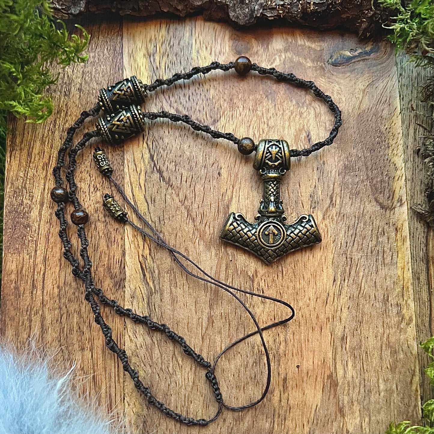Hand-knotted necklace with Thor's hammer and Valknut in bronze-colored steel