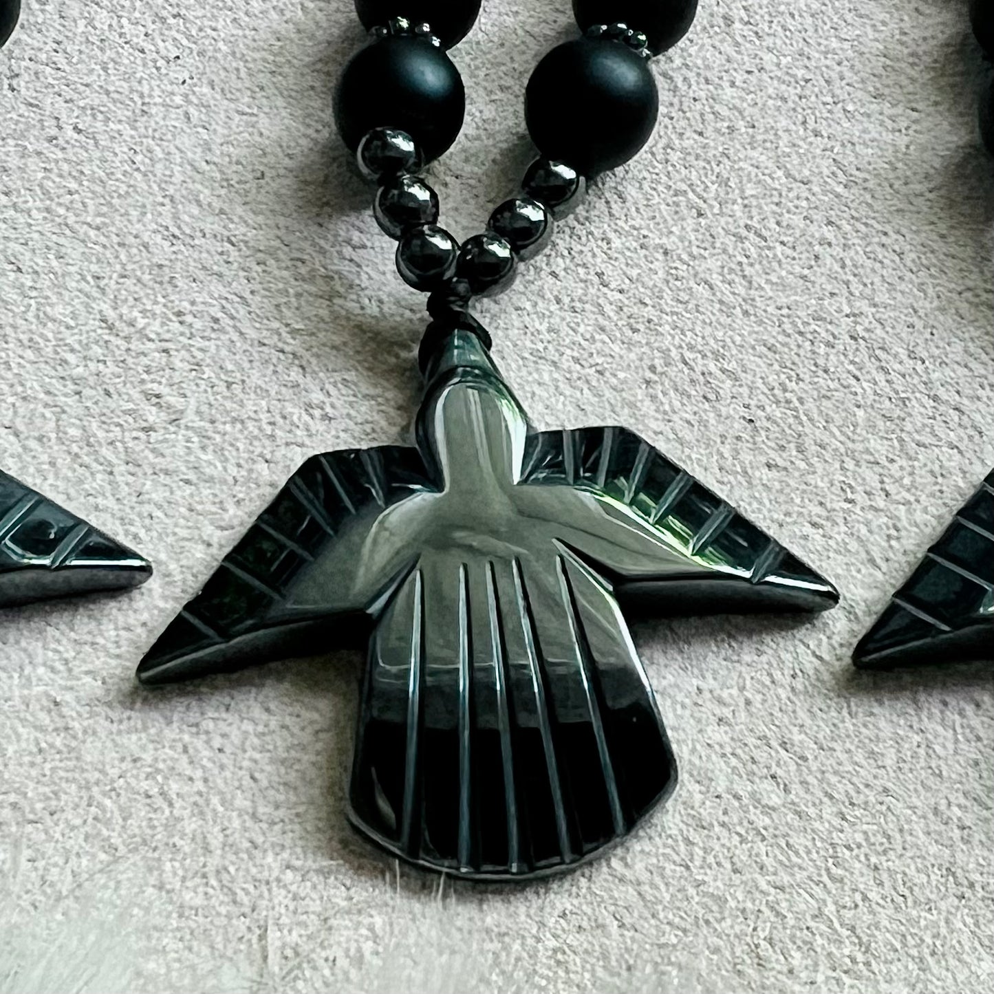 Raven necklace with hematite, black glass and runes