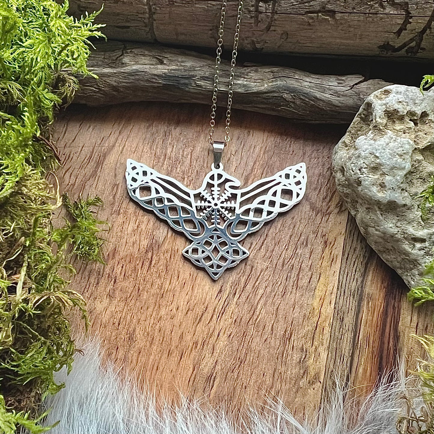 Stainless steel necklace with raven and Aegishjalmur