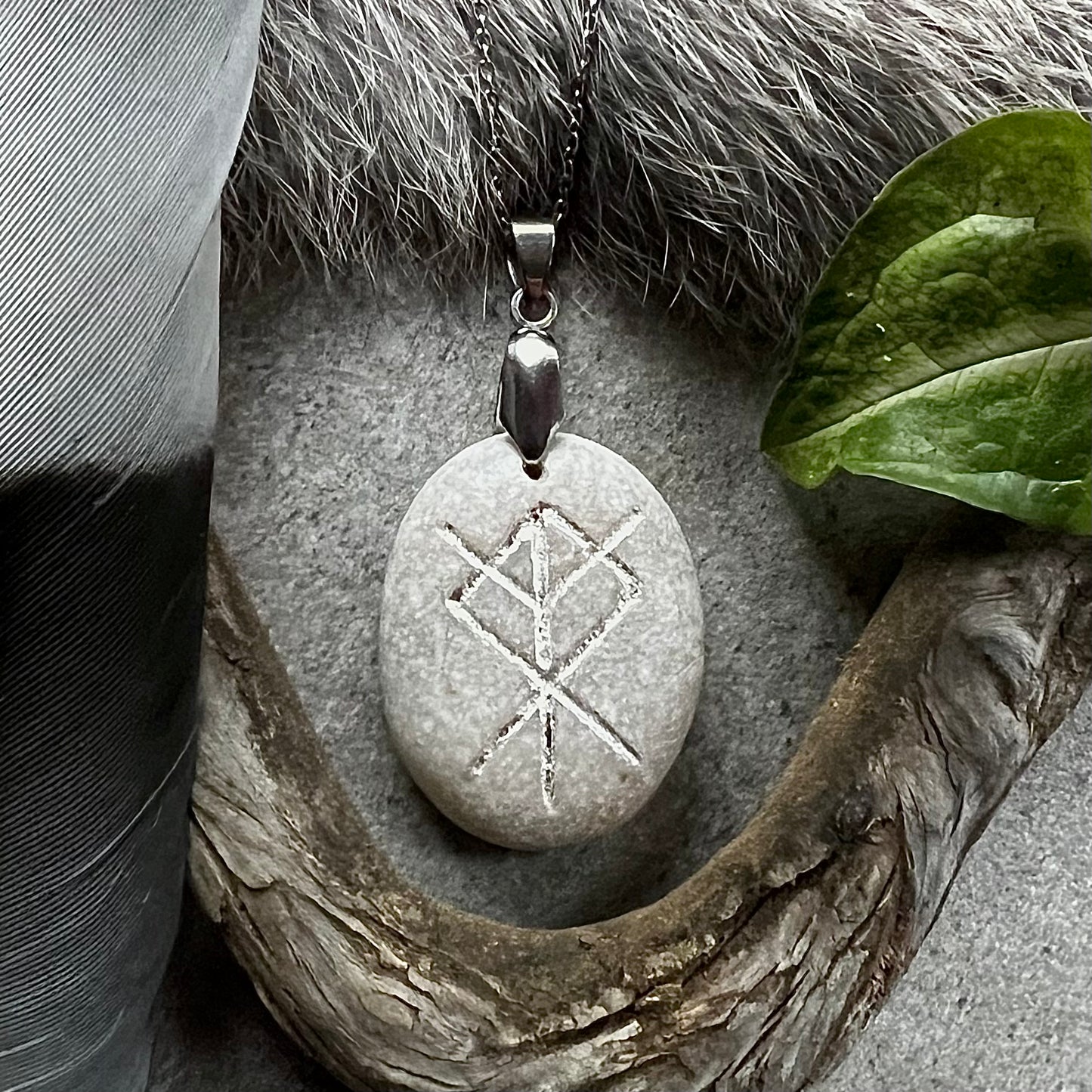 Necklace with hand-carved bind rune for protection of home and property in genuine silver