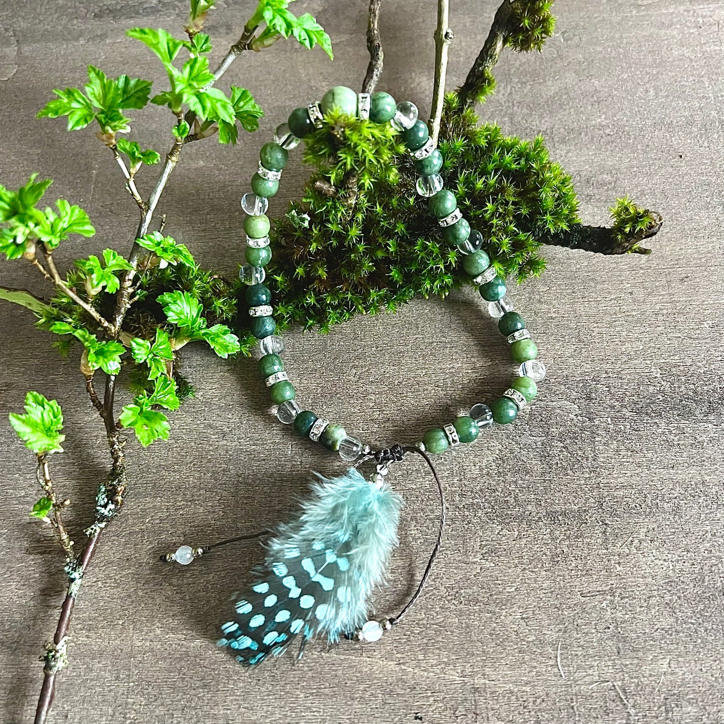 Thai jade and clear glass anklet with feathers