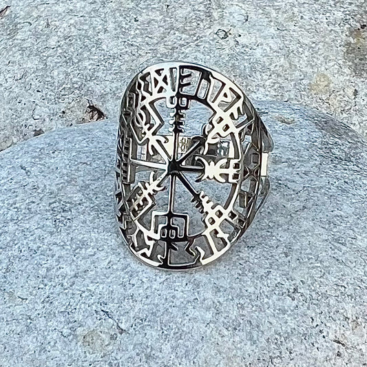 Adjustable stainless steel ring with Vegvisir
