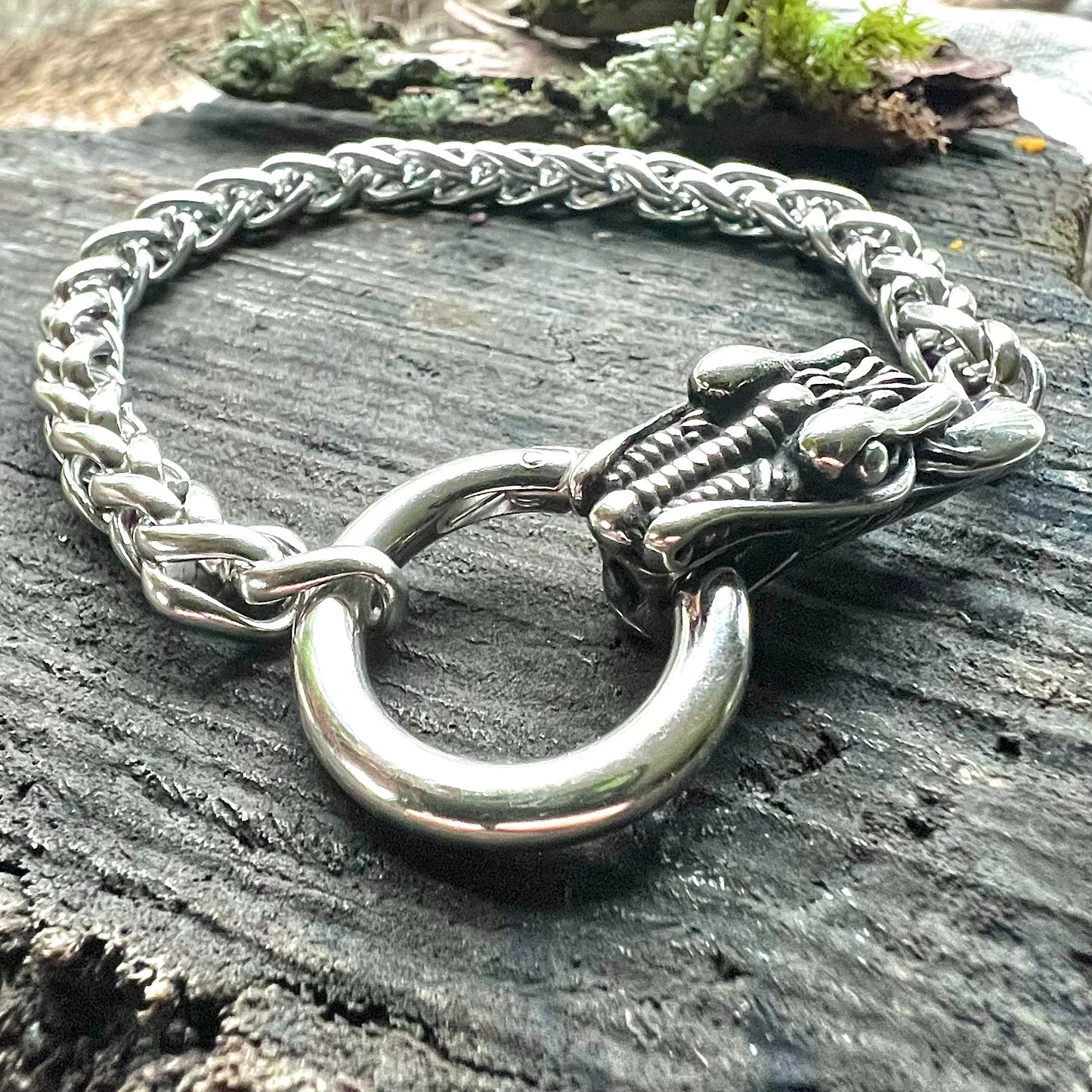 Stainless steel bracelet with wheat link and the dragon Nidhögg