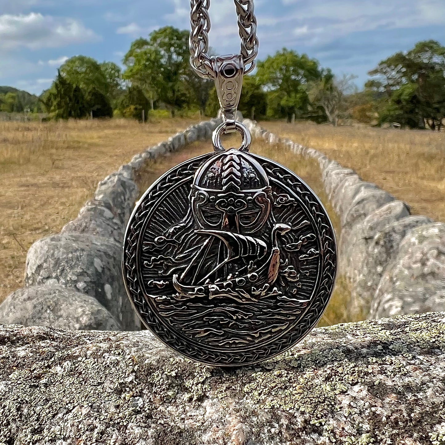 Necklace with Viking and ship in stainless steel