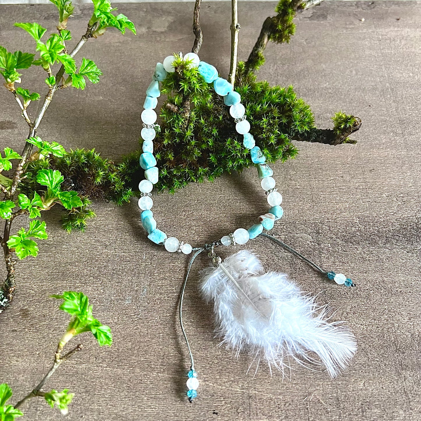 Anklet with larimar, white frosted jade and feathers