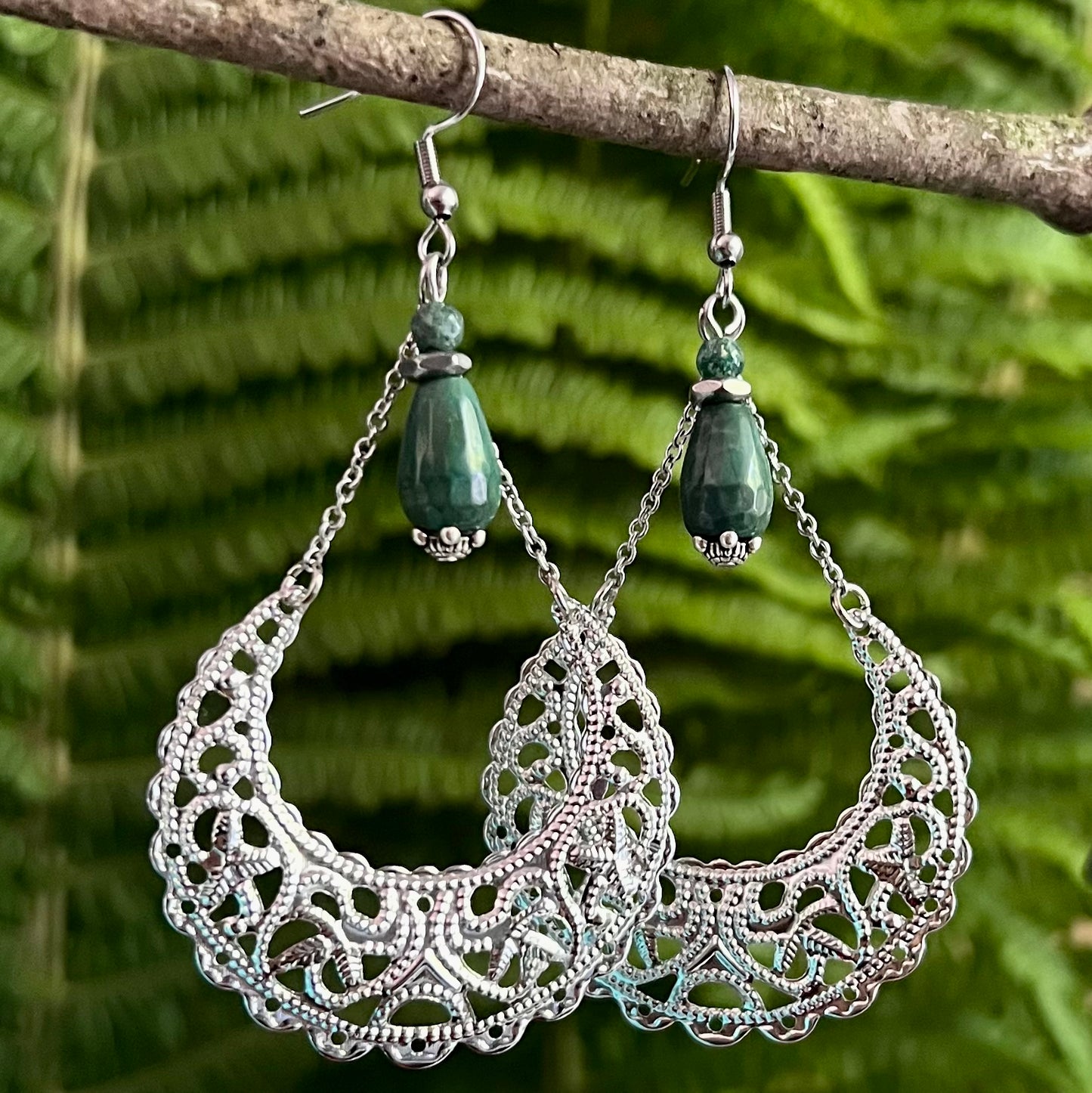 Earrings with crescent moon and green agate drop
