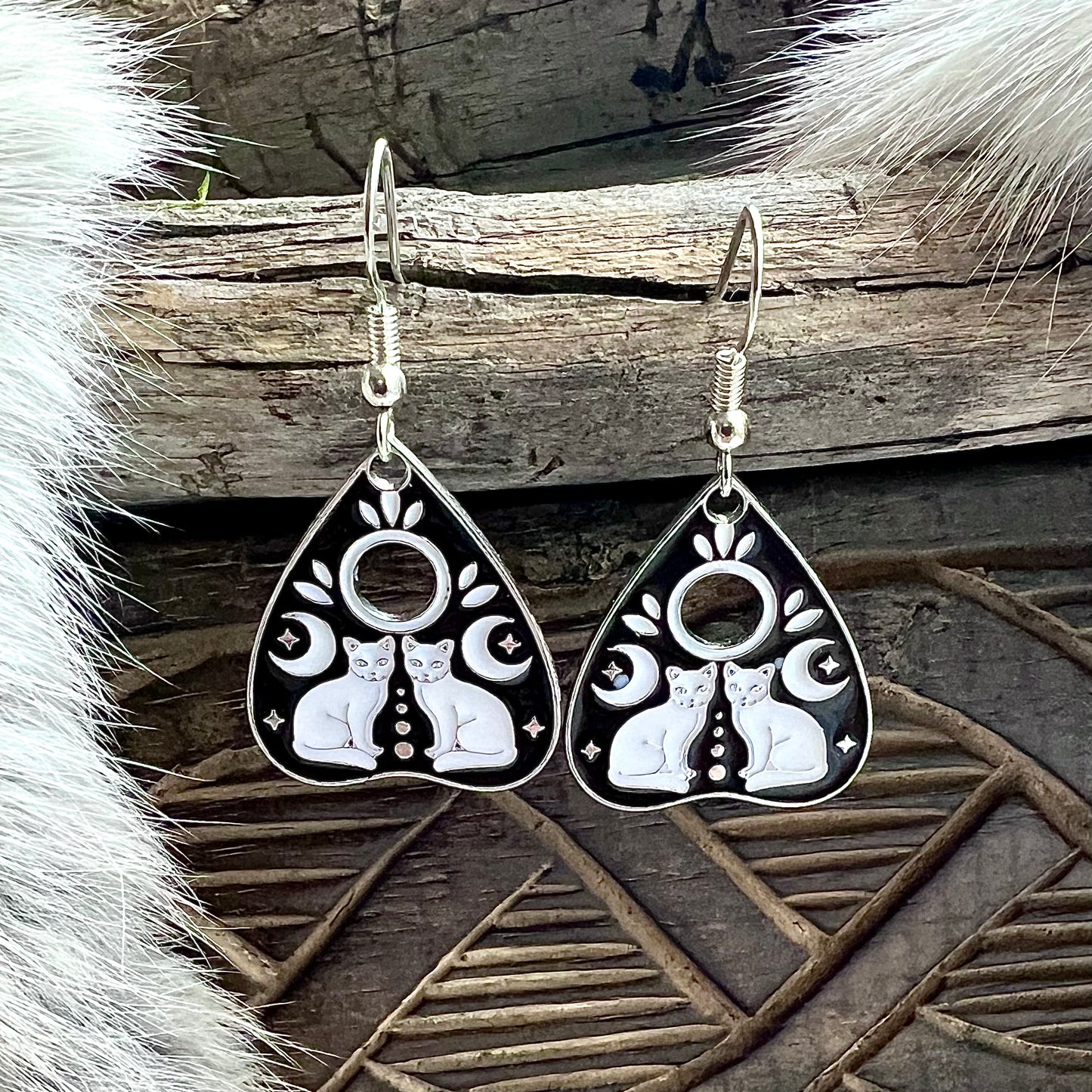 Earrings - Ouija with cats, silver colored