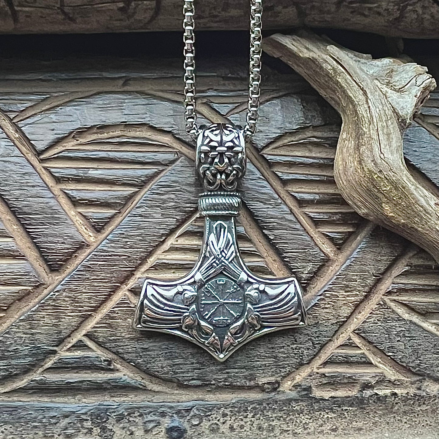 Necklace with cod hammer, Vegvisir and ravens in stainless steel