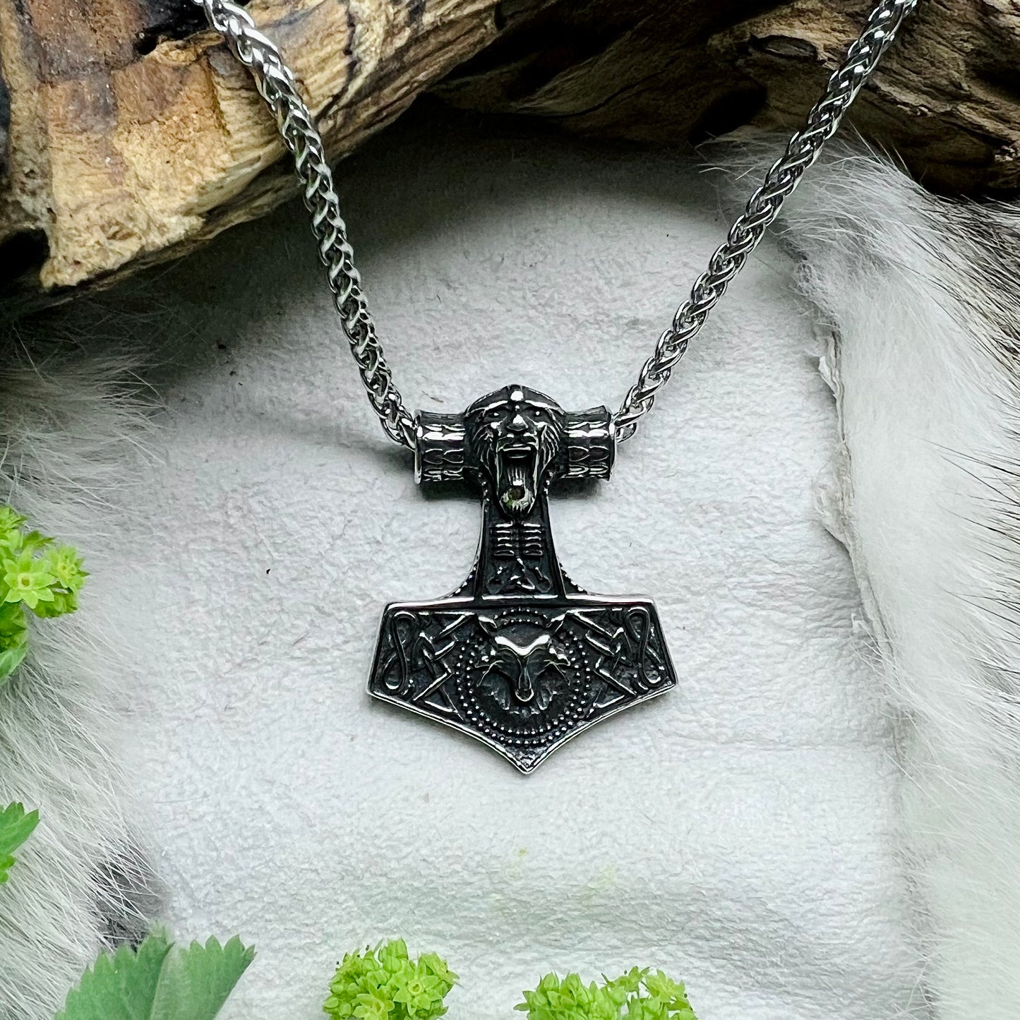 Necklace - Thor’s hammer with viking and wolf