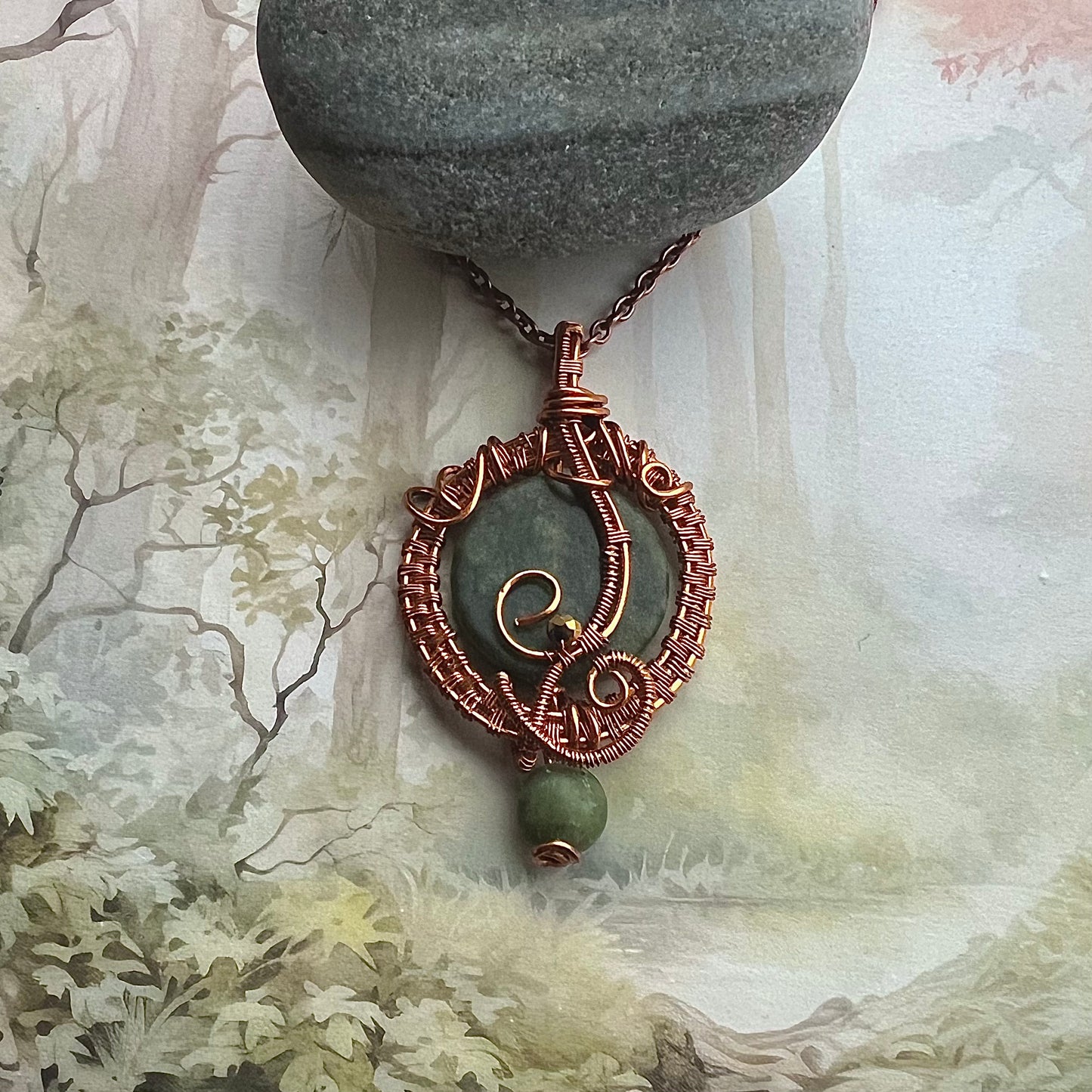 Necklace with jade and copper wire