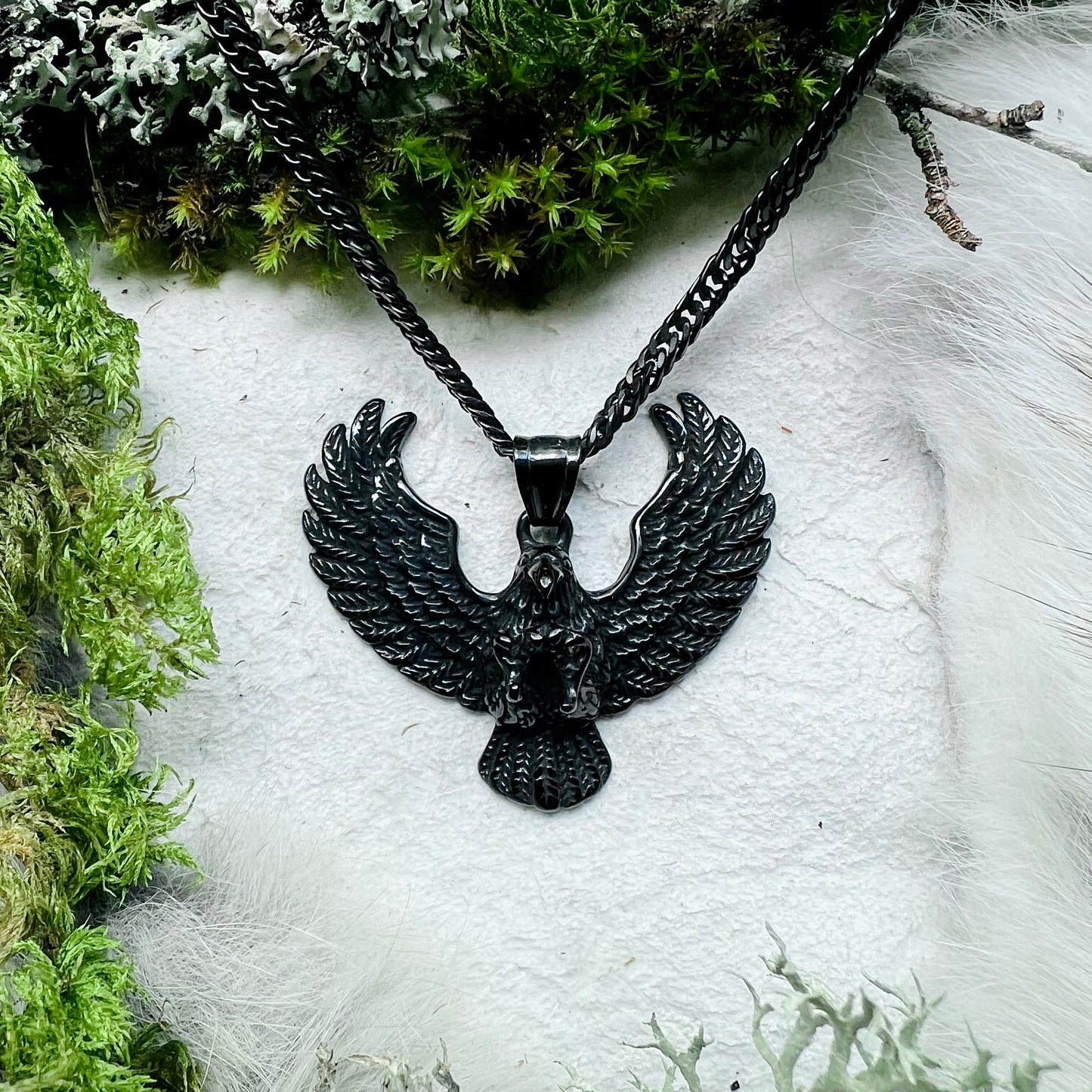 Necklace with Hräsvelg, eagle in black steel