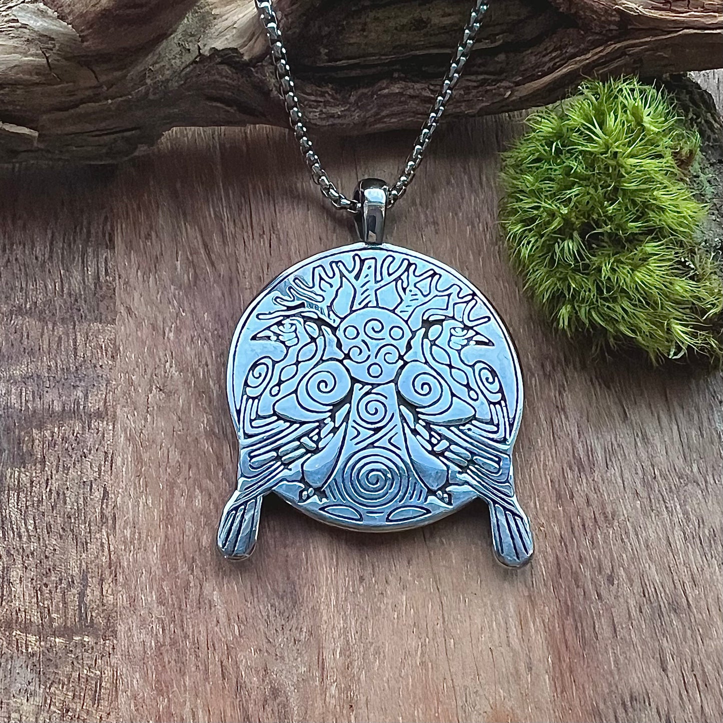 Surgical steel necklace with Hugin and Munin at Yggdrasil
