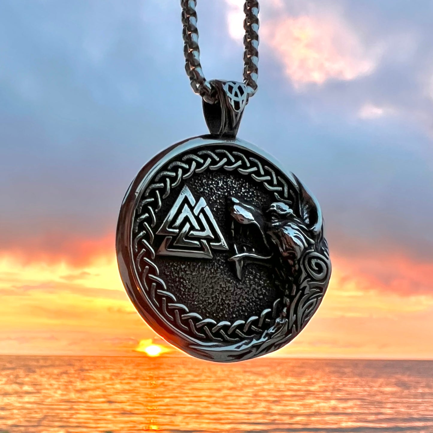 Stainless steel necklace with Fenris wolf and Valknut