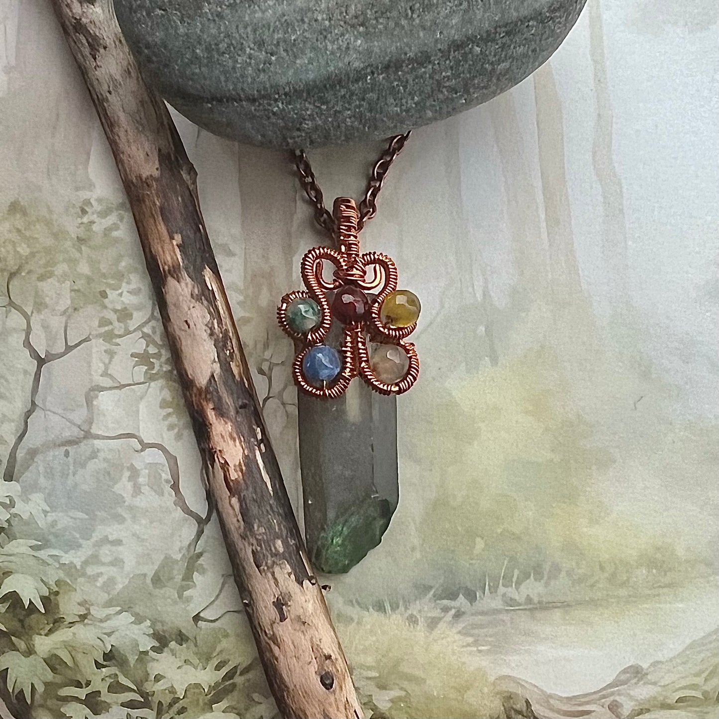 Necklace with electroplated quartz, lace agate and copper wire