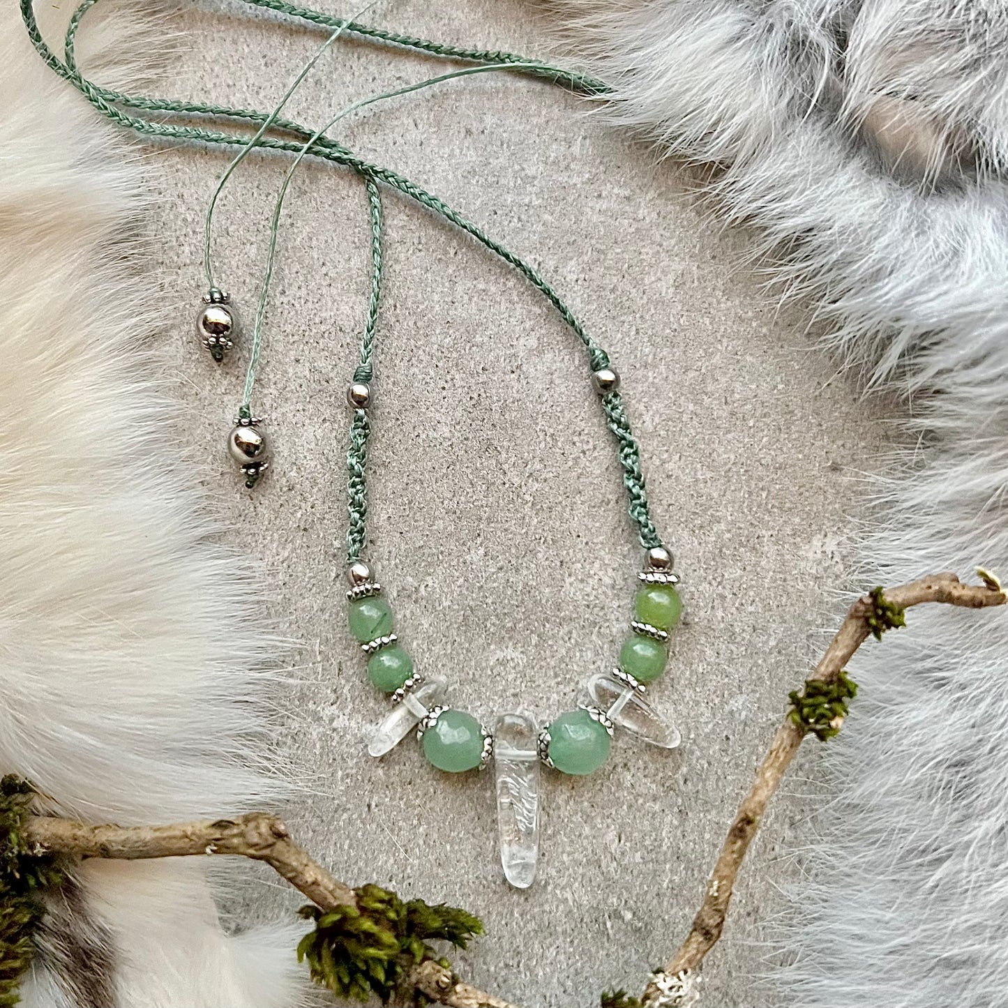 Hand-knotted necklace with faceted aventurine and rock crystal