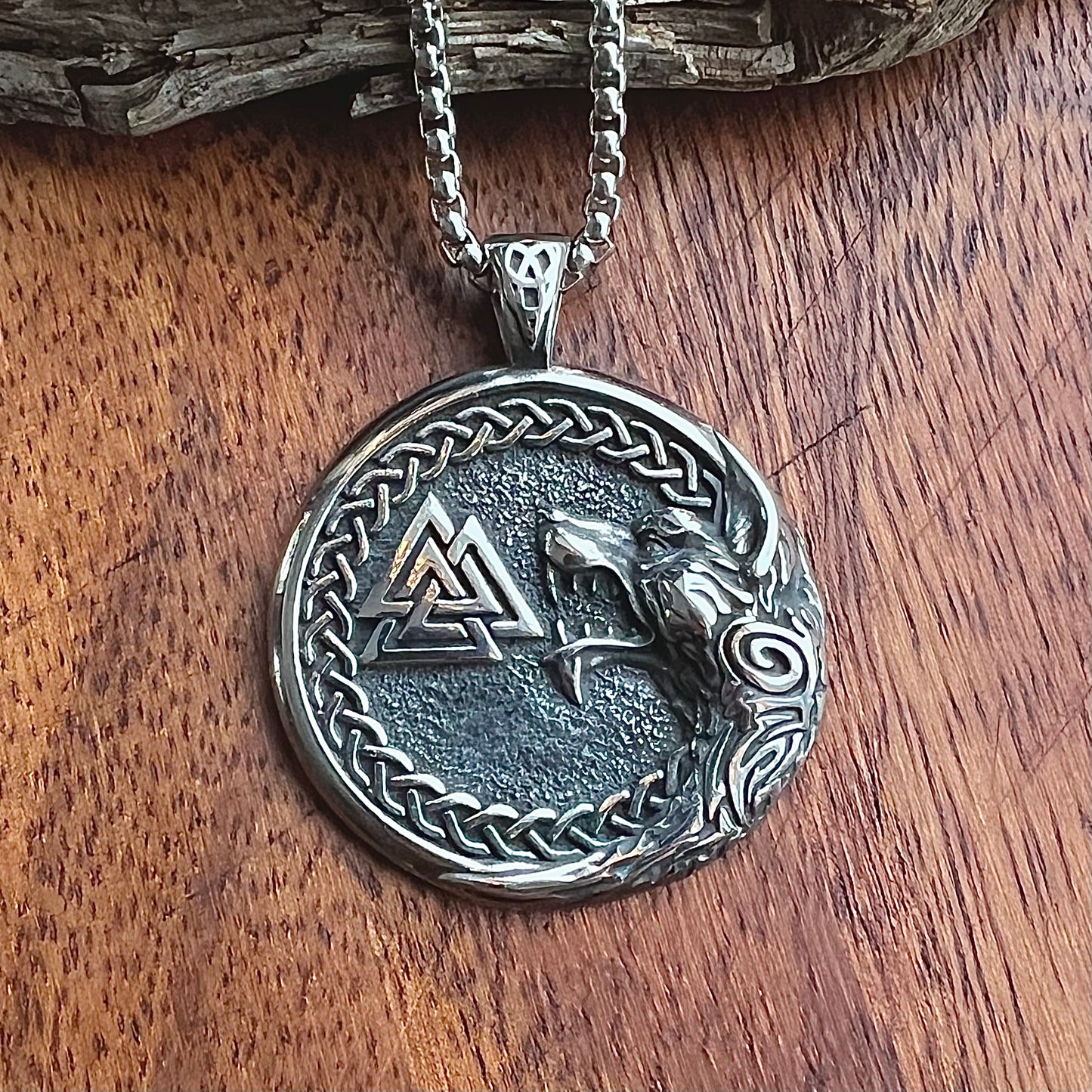 Stainless steel necklace with Fenris wolf and Valknut