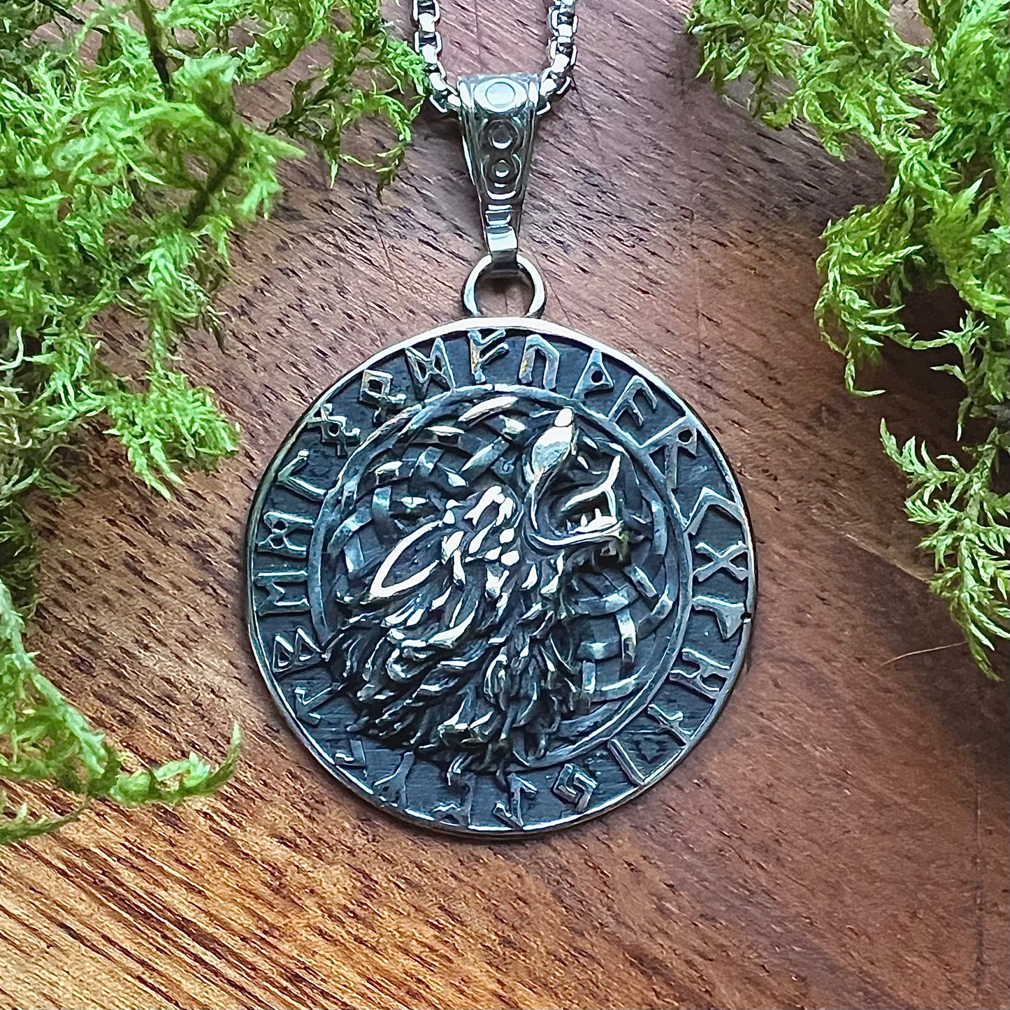 Necklace with Fenris Wolf and Aegishjalmur in stainless steel
