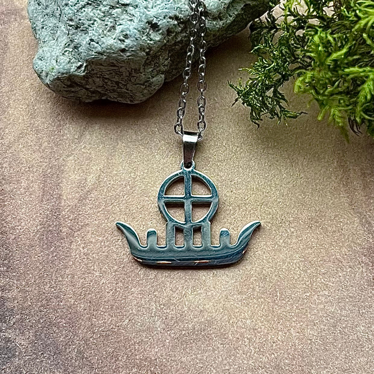 Necklace with Viking ship and solar cross in stainless steel