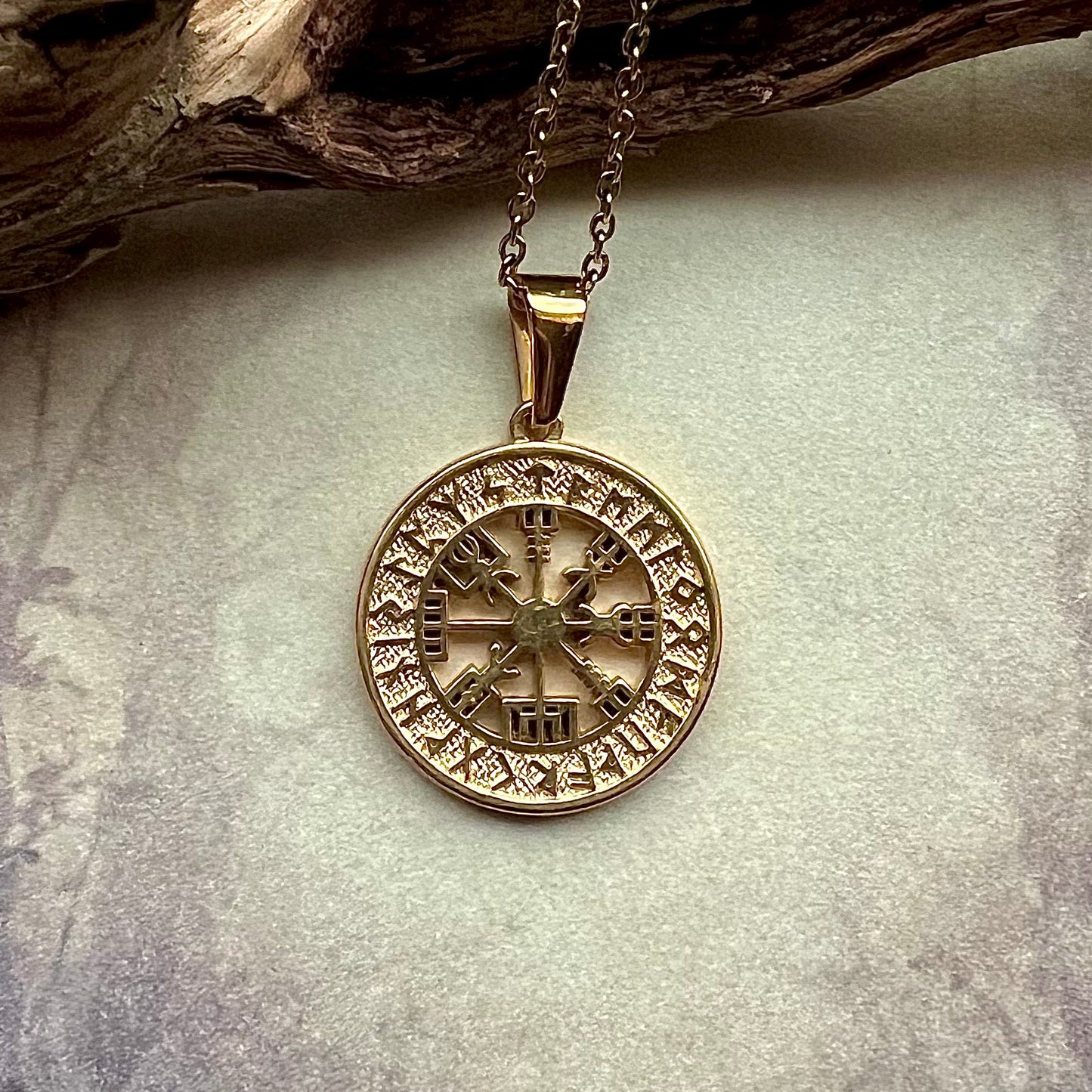 Necklace with Vegvisir in a ring of runes, gold-colored