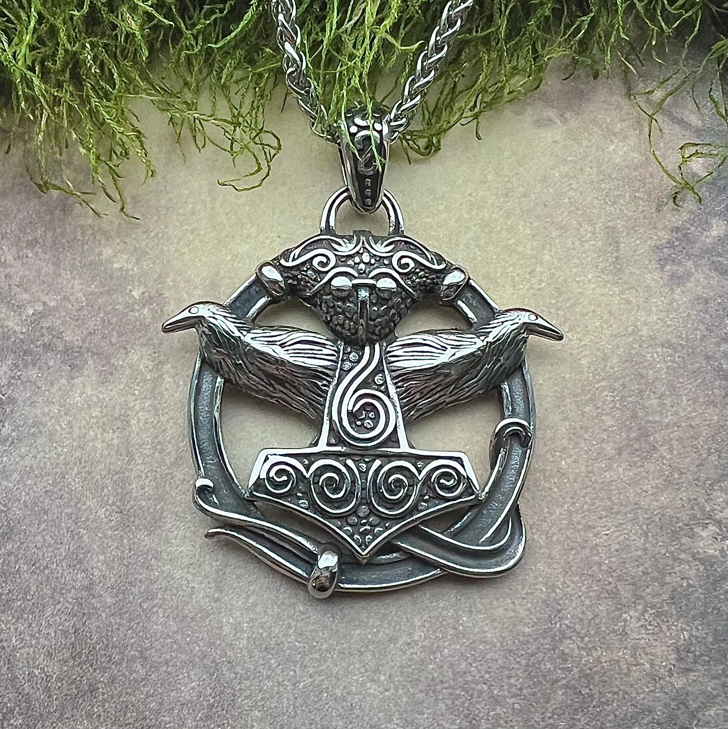 Necklace with Thor's hammer and Odin's ravens Hugin and Munin in stainless steel