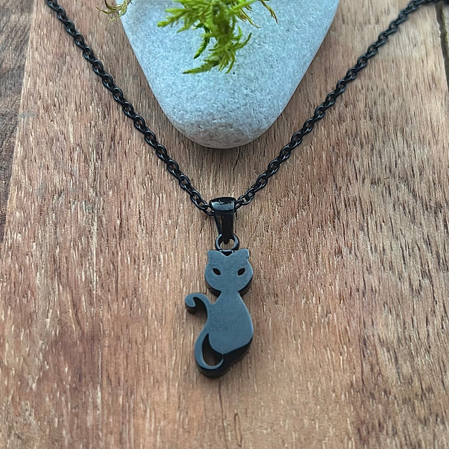 Black, stainless steel necklace with cat