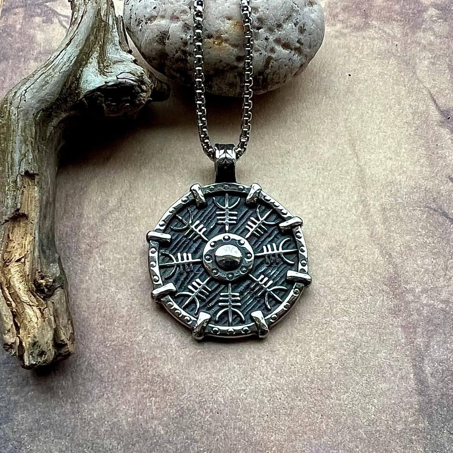 Necklace with Viking shield and Aegishjalmur in stainless steel