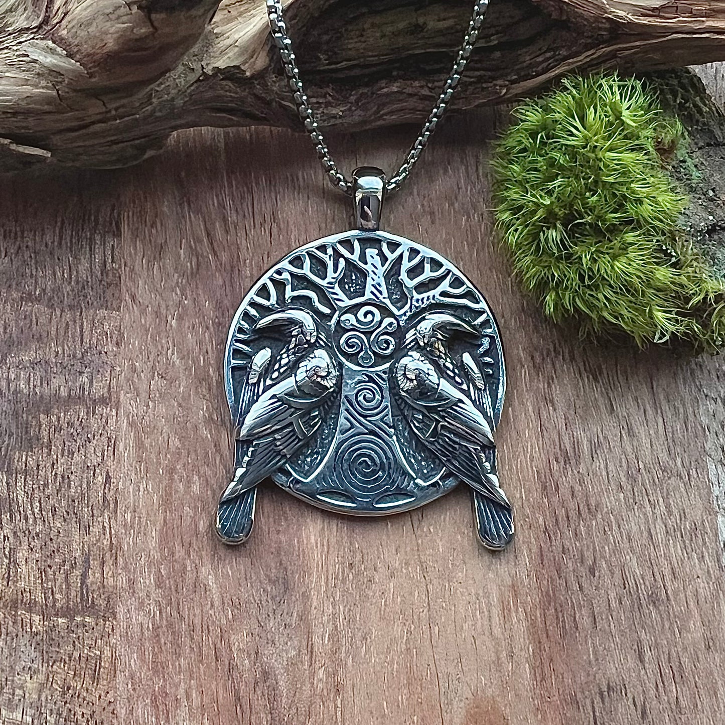 Surgical steel necklace with Hugin and Munin at Yggdrasil
