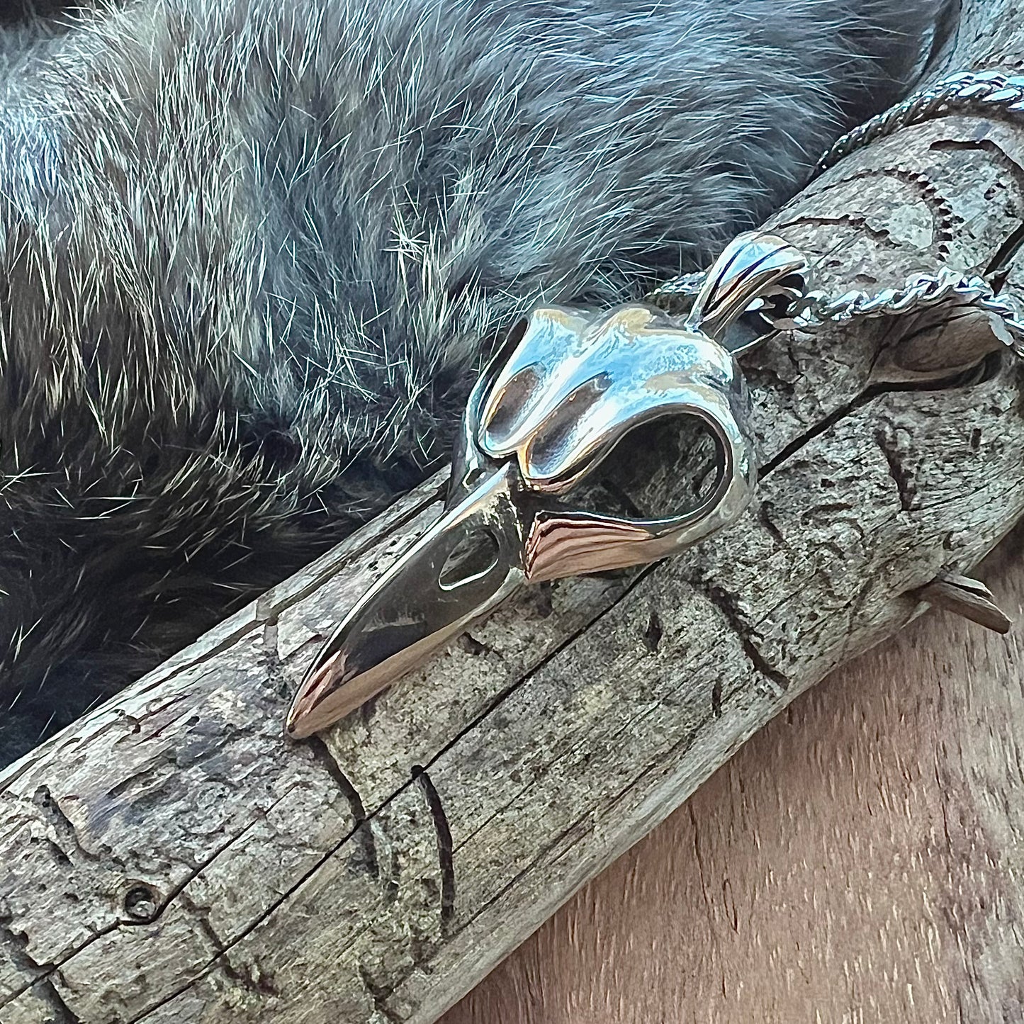 Necklace with raven skull in stainless steel
