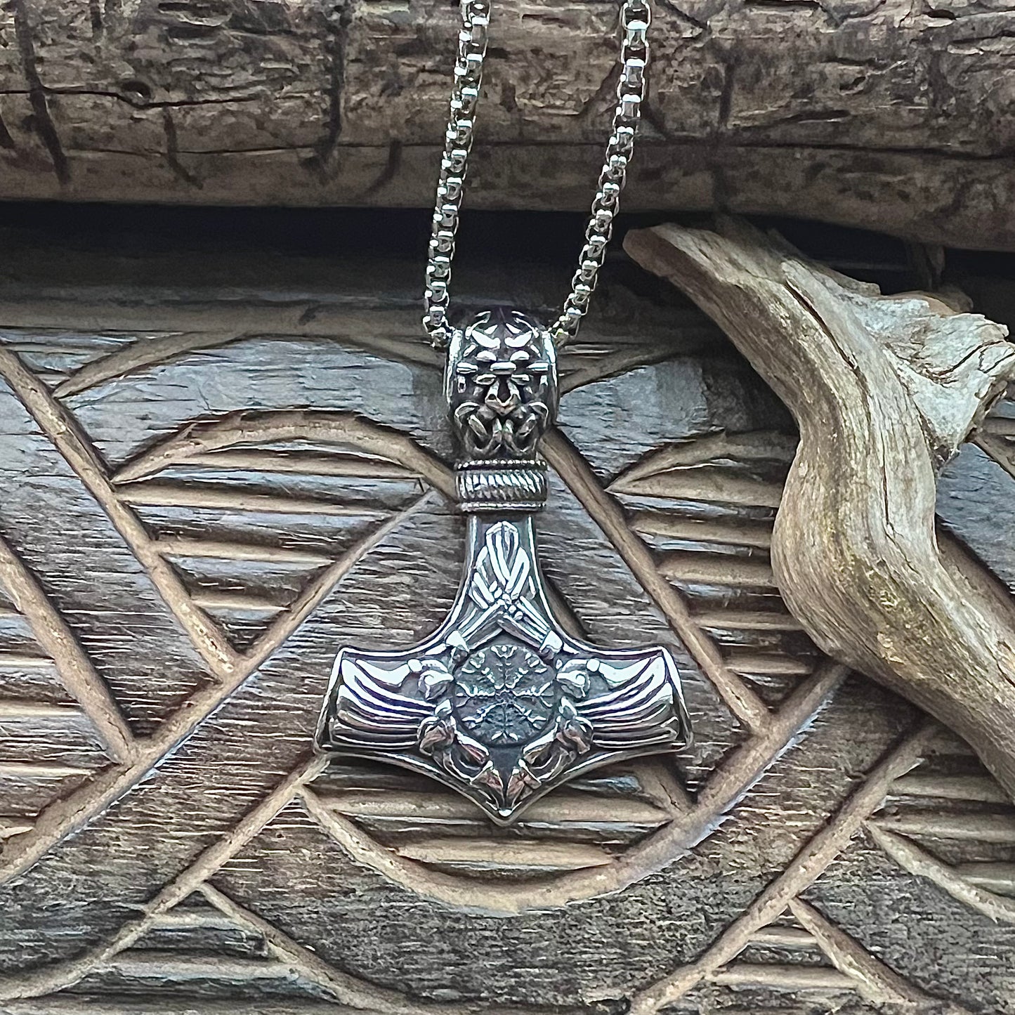 Necklace with cod hammer, Vegvisir and ravens in stainless steel