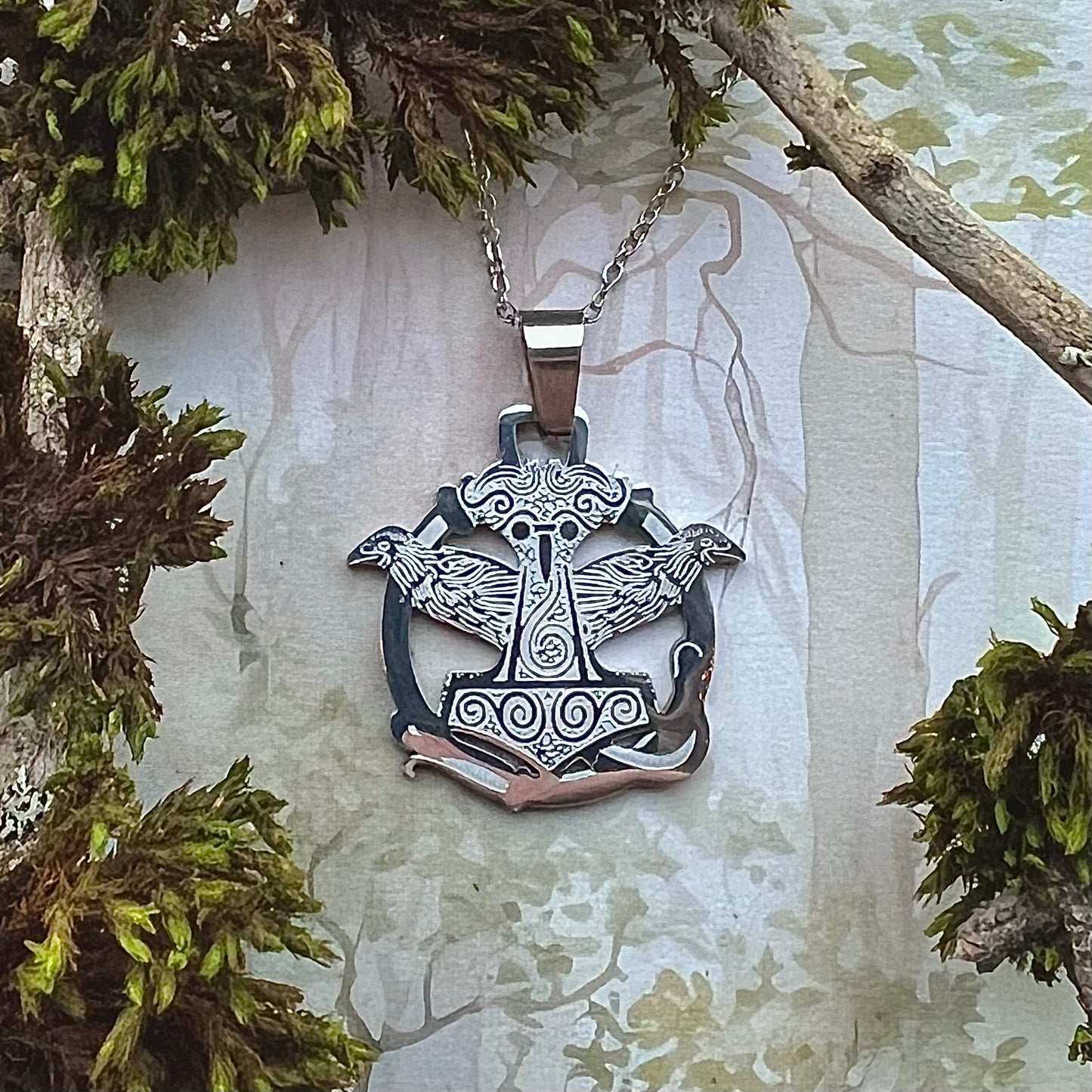 Necklace with etched hammer of Thor and Odin's ravens