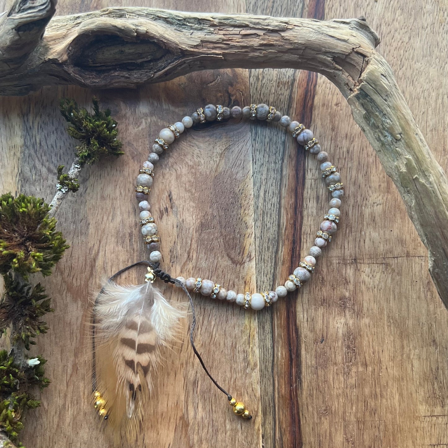 Anklet with maifanite and feathers