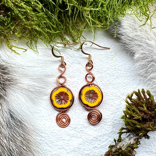 Earrings with yellow flowers made of Czech glass and copper wire