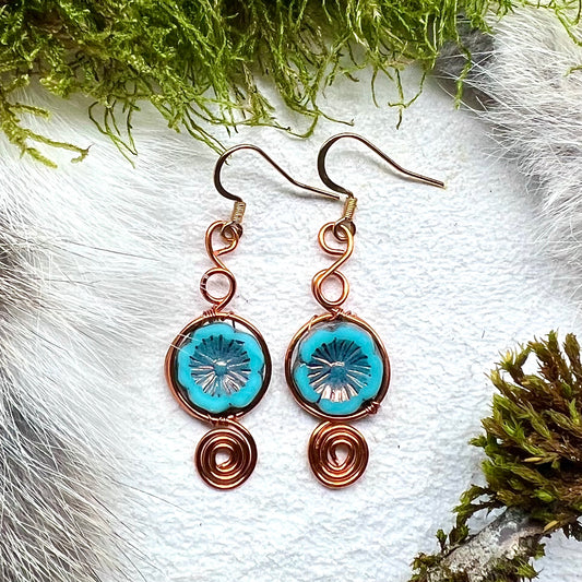 Earrings with blue flowers made of Czech glass and copper wire