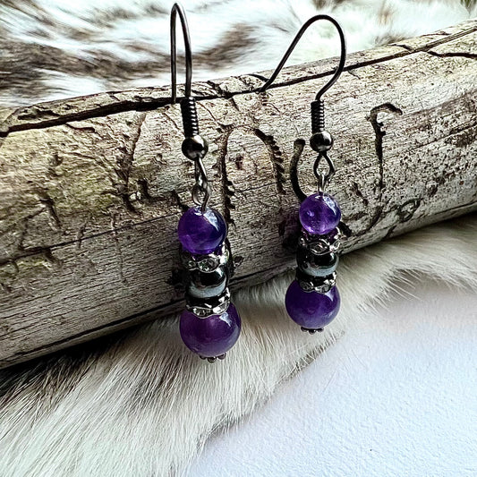 Earrings with amethyst and hematite