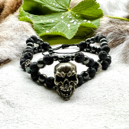 Double bracelet - Lava stone and hematite with skull in brass