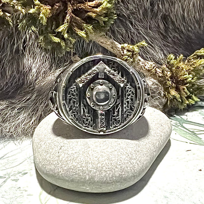 Ring med vikingasköld och Tyrs runa ’TiwaR’
