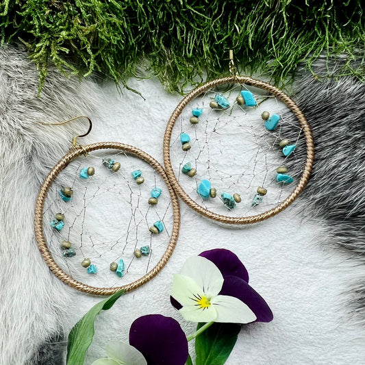 Earrings with large dream catchers and turquoise