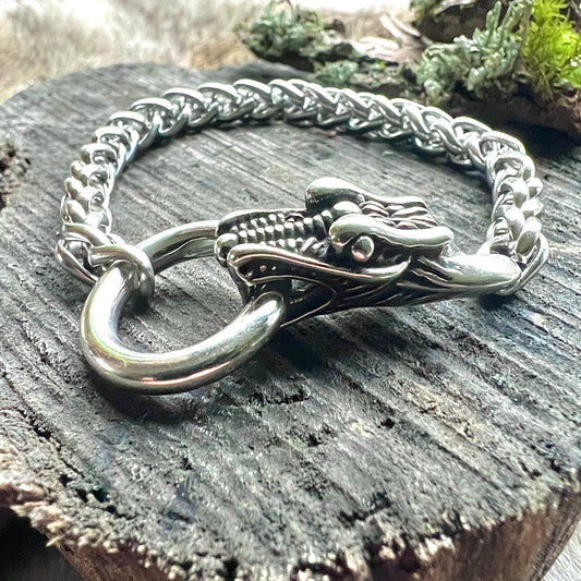 Stainless steel bracelet with wheat link and the dragon Nidhögg