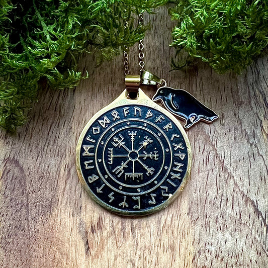 Necklace - Vegvisir in steel and black enamel, 40mm